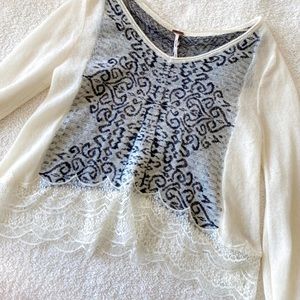 (free people) cream & black long sleeve lightweight soft wool blend sweater